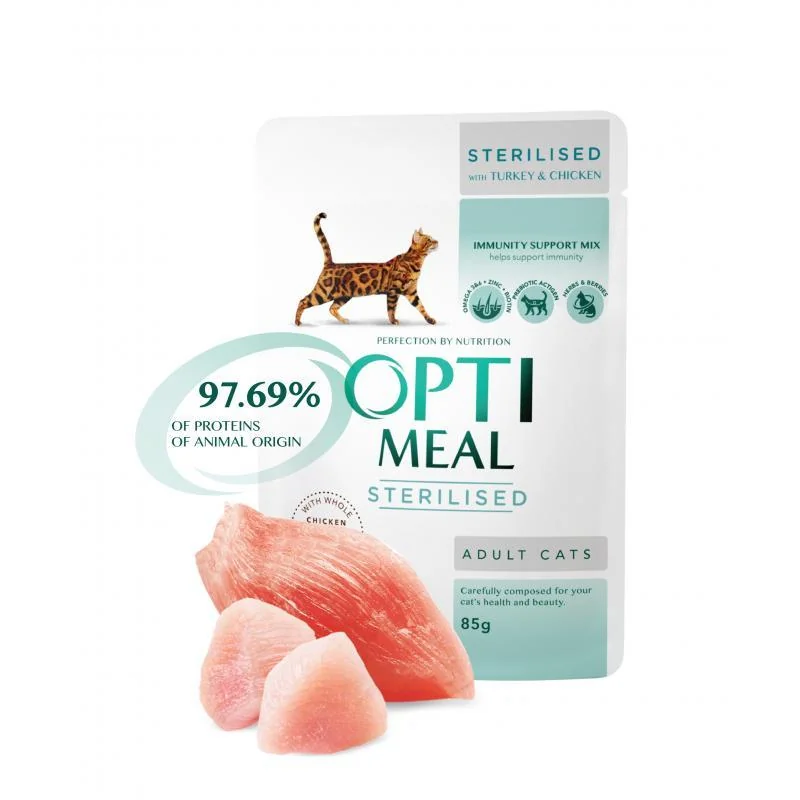 OPTIMEAL™ Superpremium pre sterilizované mačky s morčacím a kuracím filé v omáčke 85 g (6015)