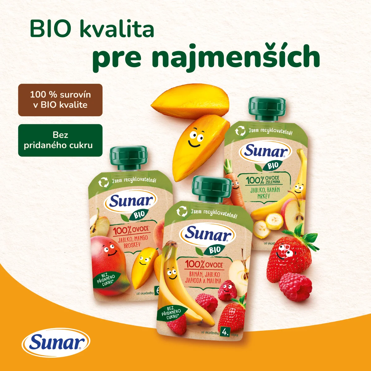 Sunar BIO ovocno-zeleninová kapsička Jablko, hruška, mrkva, tekvica, 4m+ 100 g