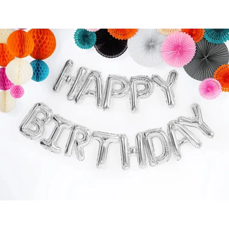 Fóliový nápis „Happy Birthday“ strieborný – 340×35 cm, narodeninová dekorácia