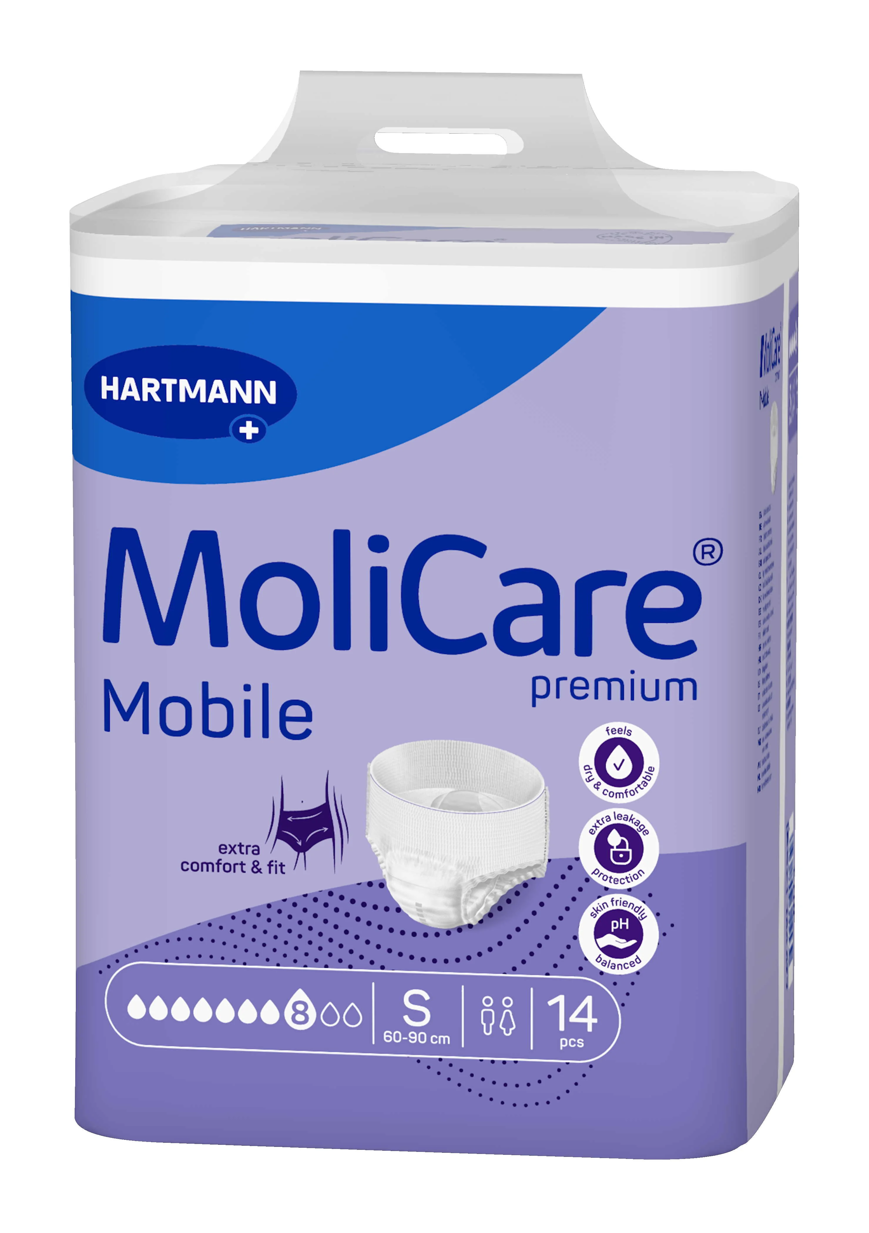 MoliCare Premium Mobile 8 kvapiek Splienkové nohavičky naťahovacie, fialové, obvod 60 - 90 cm, savosť 1836 ml 14 ks
