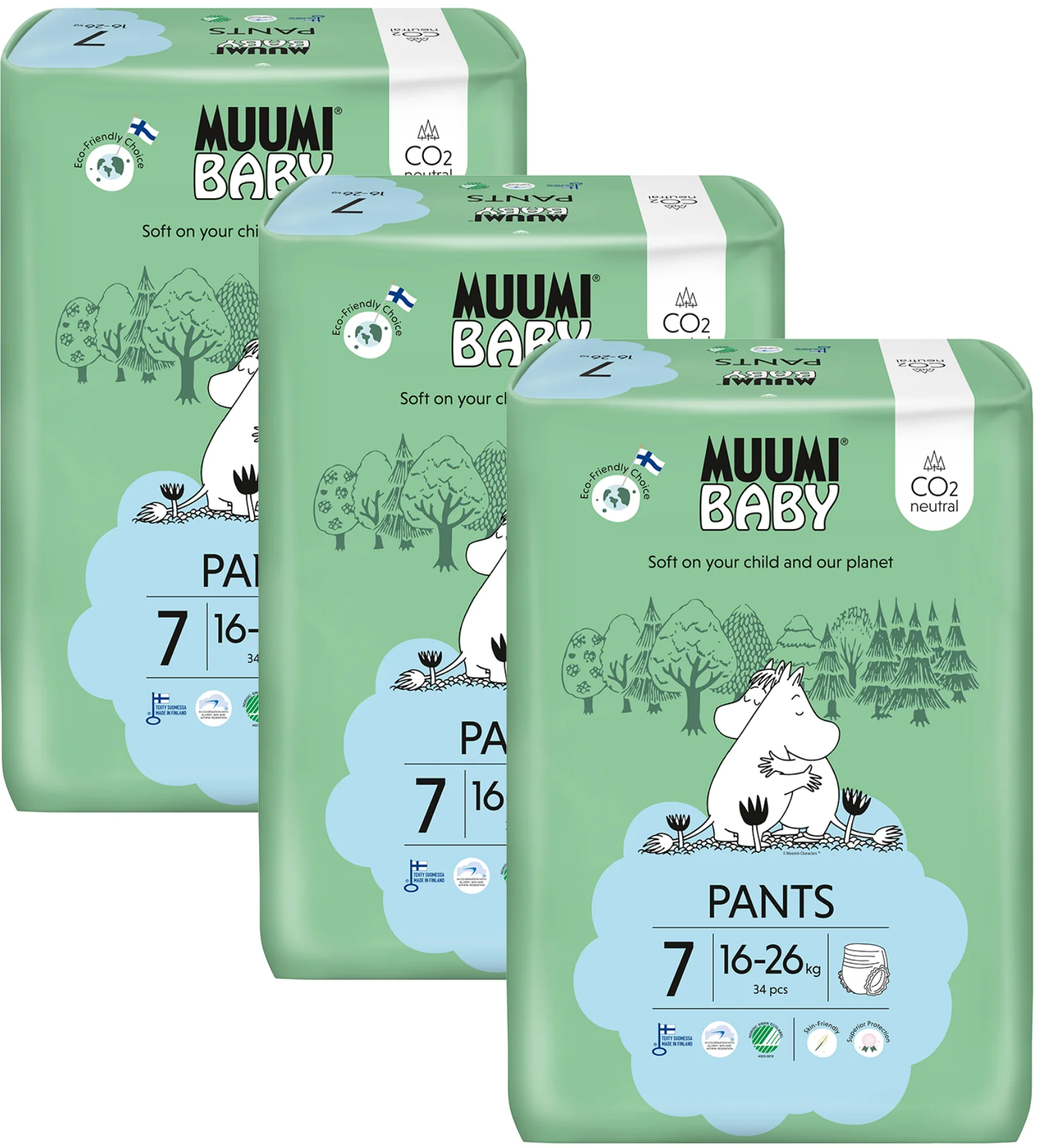 Muumi Baby Pants 7 XL 16-26 kg, mesačné balenie nohavičkových eko plienok 1×102ks, EKO plienkové nohavičky
