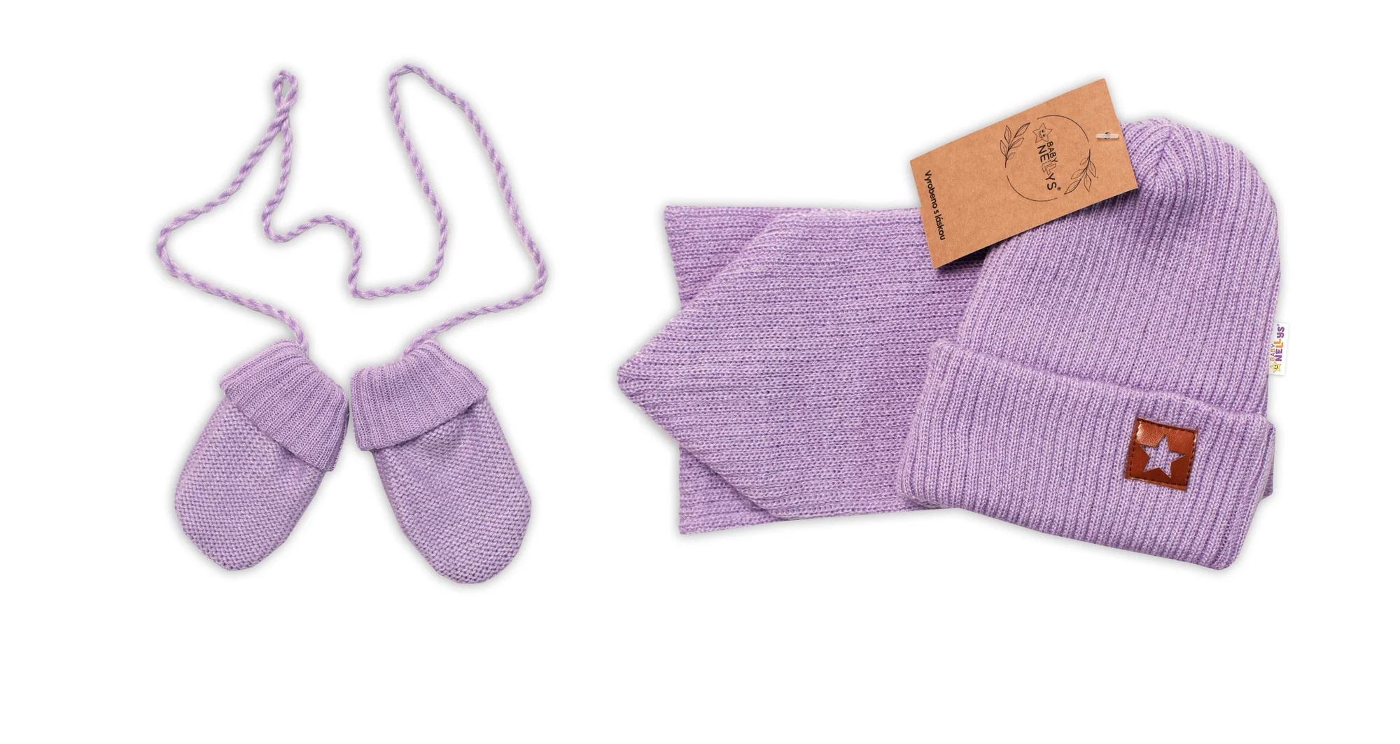 Baby Nellys Pletená čiapka so šálom a rukavičky 3v1, STAR - fialová
