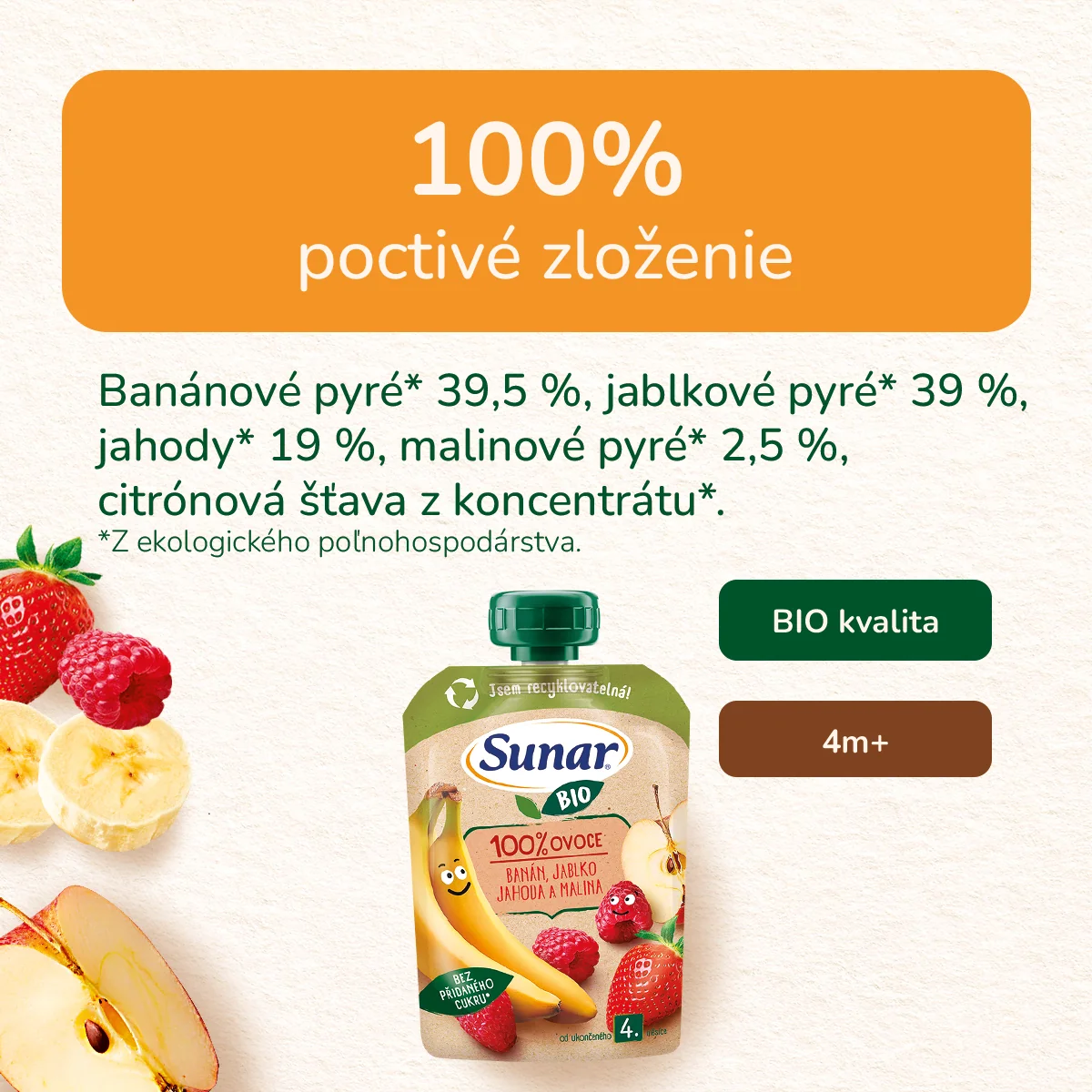 Sunar BIO ovocná kapsička Banán, jablko, jahoda, malina, 4m+ 100 g