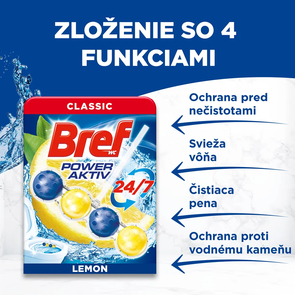 Bref Power Aktiv tuhý WC blok Lemon 6×50 g, WC blok
