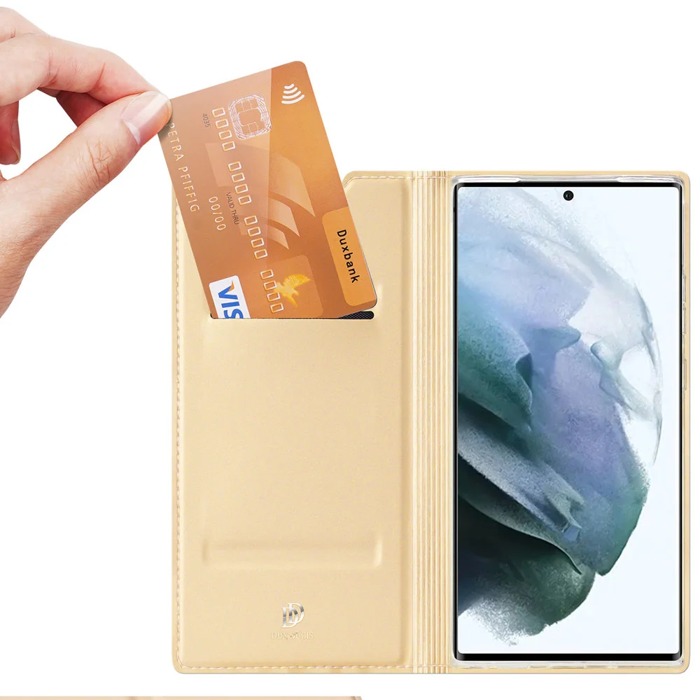 DUX DUCIS Skin Pro knižkové kožené puzdro na Samsung Galaxy S22 Ultra,zlaté zlaté