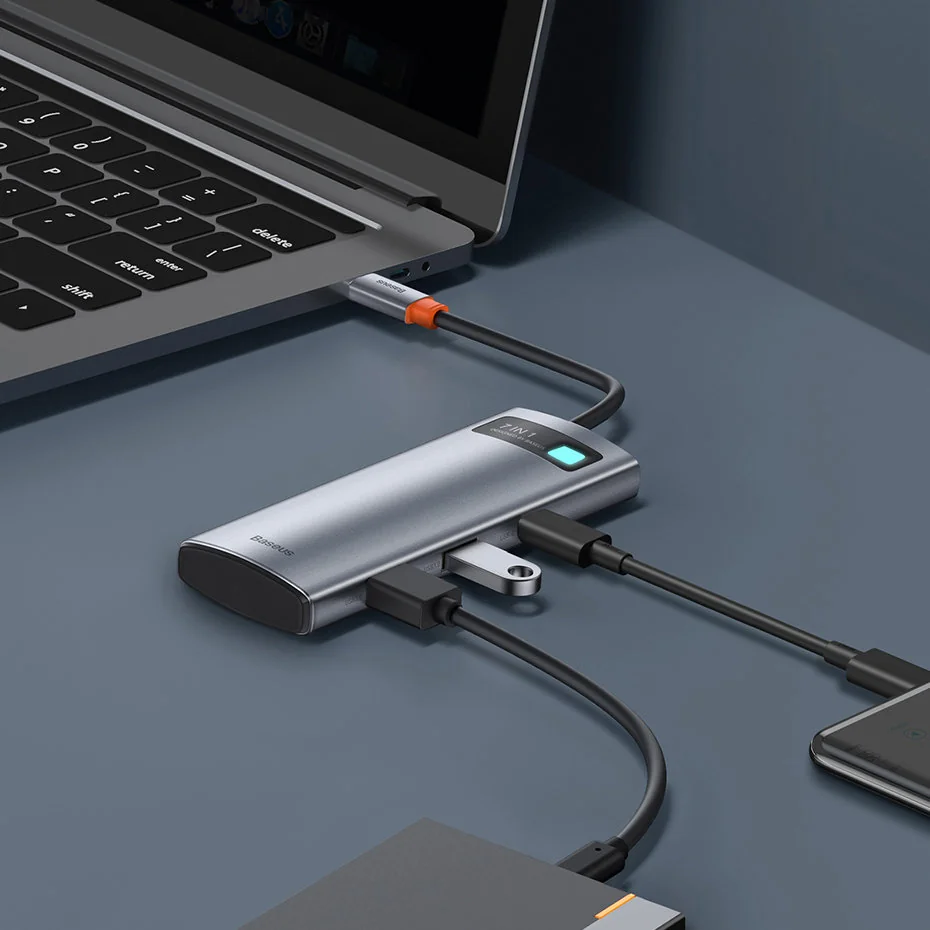 Baseus Metal Gleam HUB adaptér USB-C - 2x USB, HDMI, TF, šedý