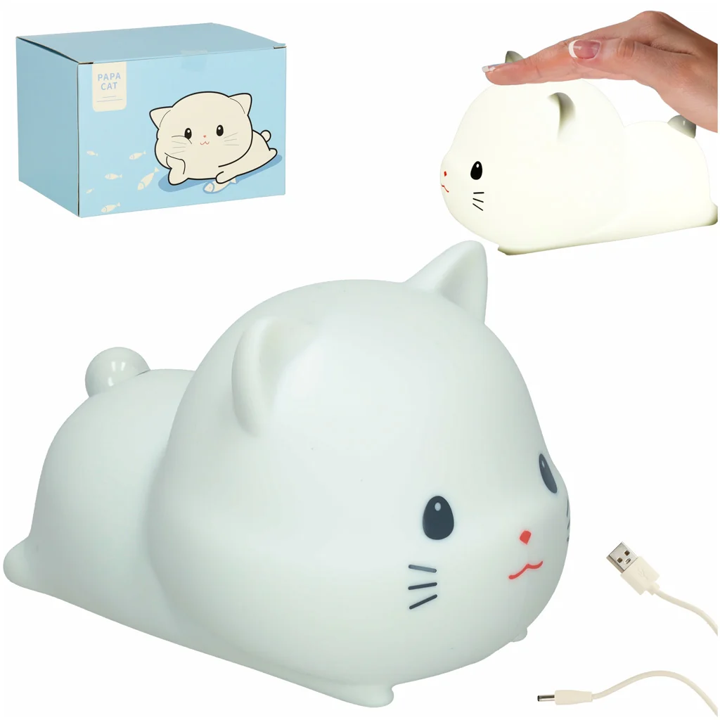 Detská silikónová nočná lampa – biela ležiaca mačka, USB nabíjanie