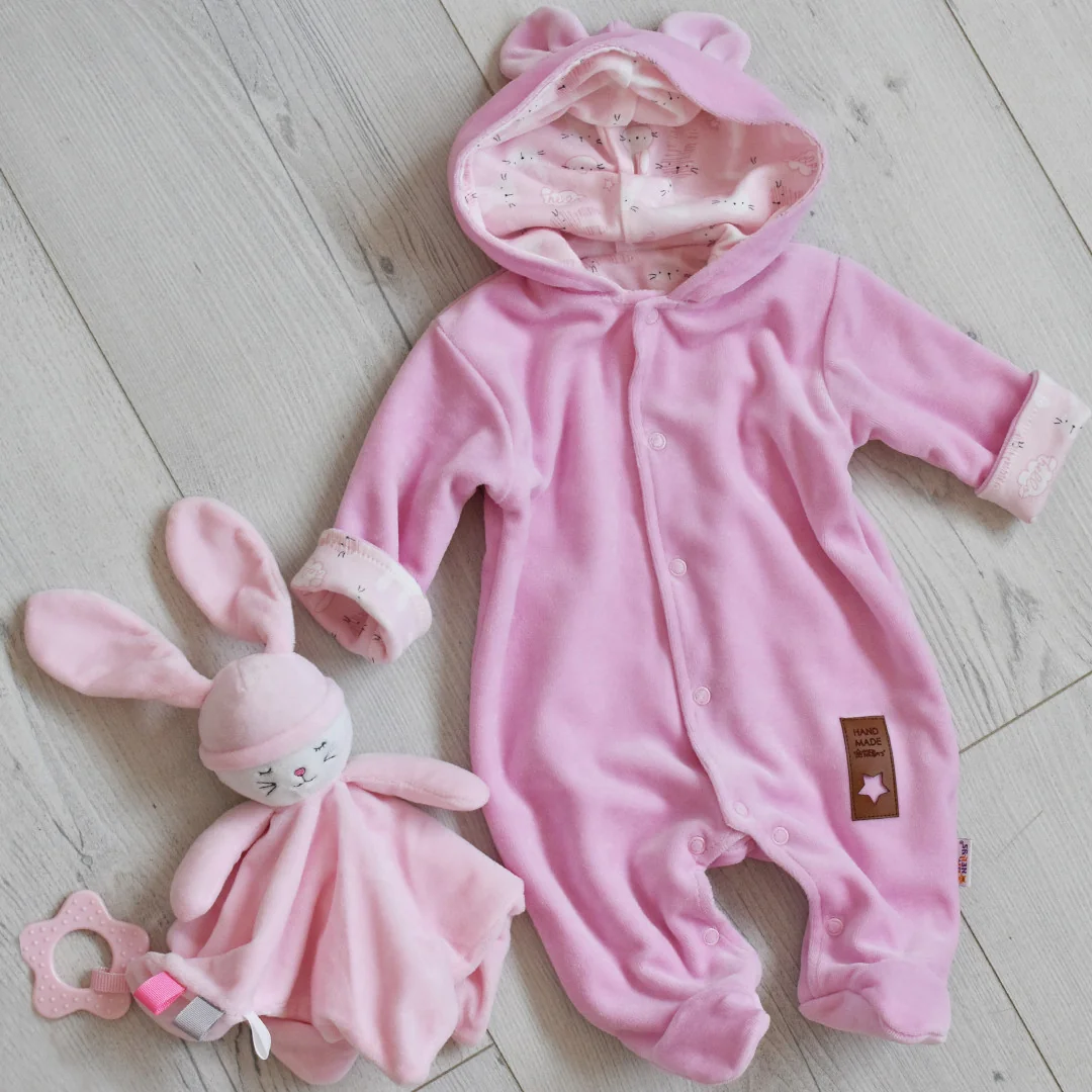 Dvojvrstvový velúrový overal s kapucňou New Bunny, ružový, veľ. 86