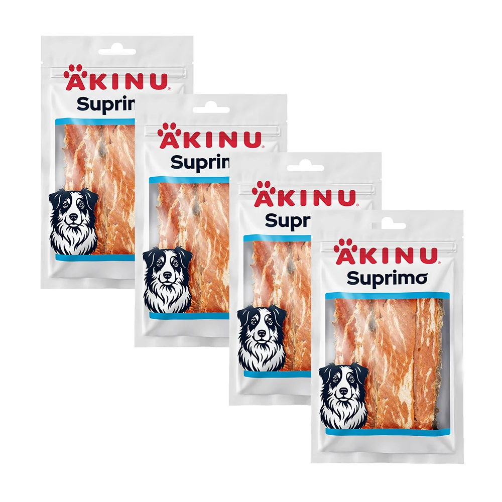 Akinu SUPRIMO Losos s kožou nakrájaný na plátky pochúťka pre psov mramorovaný 75 g MTP 4 ks