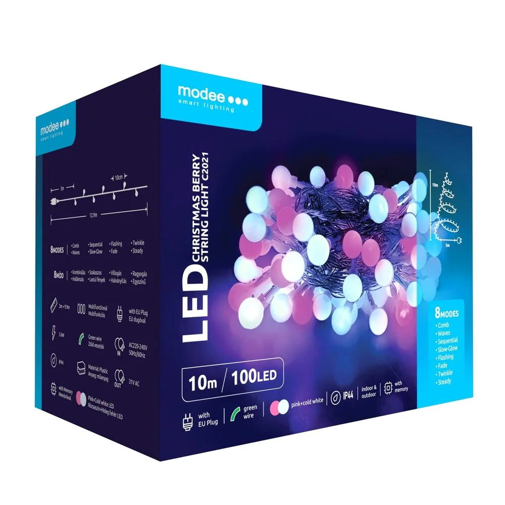 Modee Lighting LED vianočná reťaz 100 LED 10m ružová/biela bobule