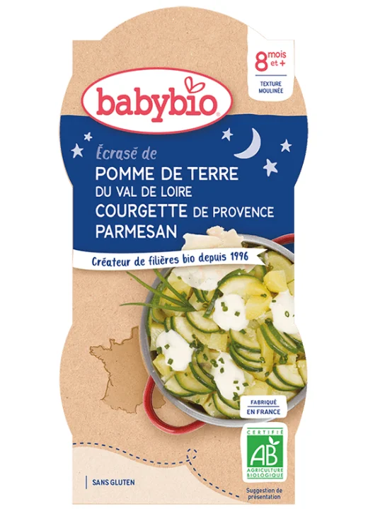 BABYBIO Zemiaky s cuketou, creme fraiche a parmezánom (2x 200 g) - zeleninový príkrm 2×200 g, zeleninový príkrm