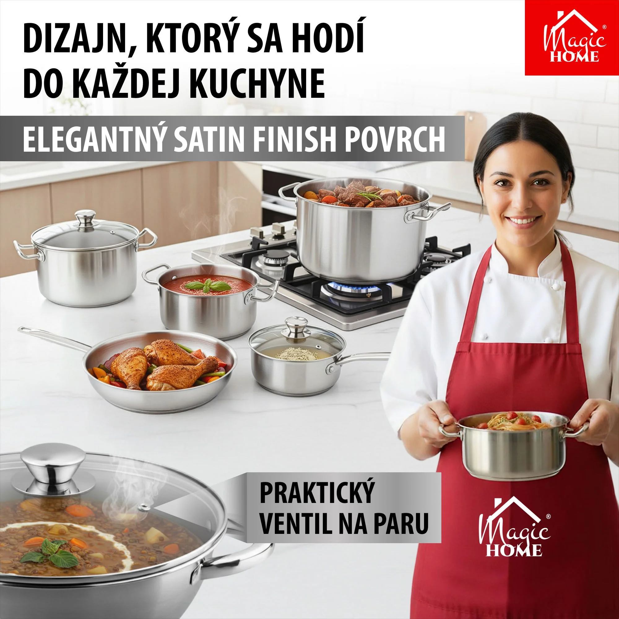 MagicHome hrniec Wok Chloe, 1 ks 26 cm, 5 l, so sklenenou pokrievkou, nerez