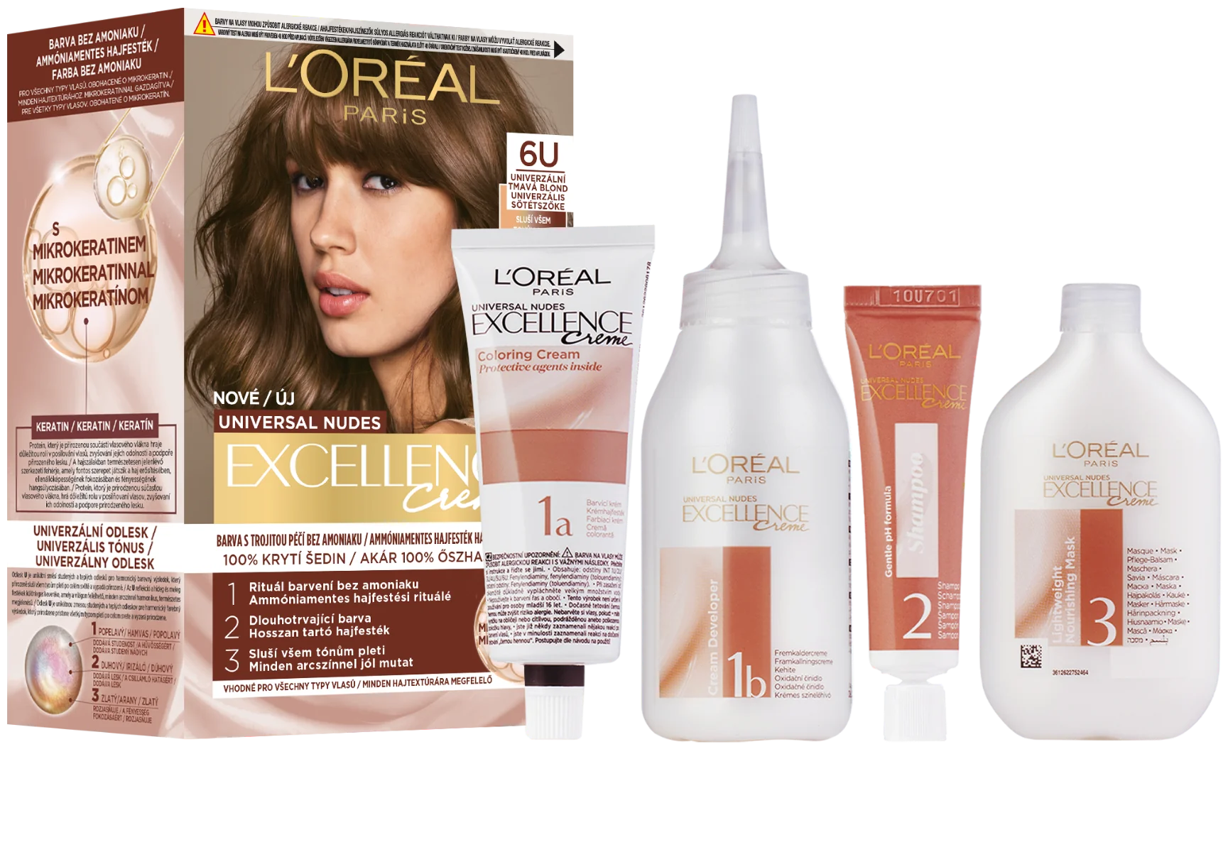 L'Oréal Paris Excellence Creme Universal Nudes permanentná farba na vlasy 6U Tmavá blond 1×1 ks, farba na vlasy