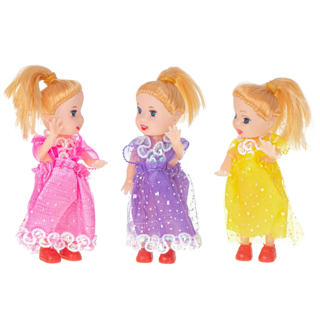 Set 3 bábik do domčeka – 10 cm, farebné šaty 