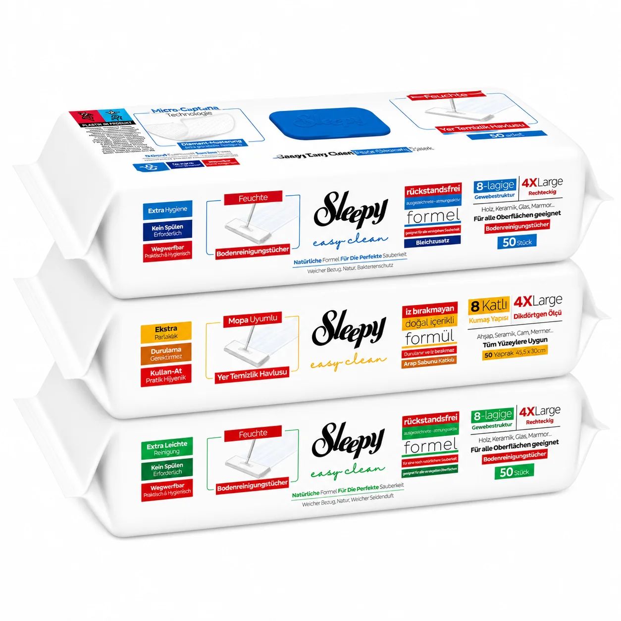 Sleepy Easy Clean vlhčené utierky na čistenie podláh na mop 4XL mix eukalyptus, biele mydlo, bieliaci účinok 150 ks (3x50 ks)