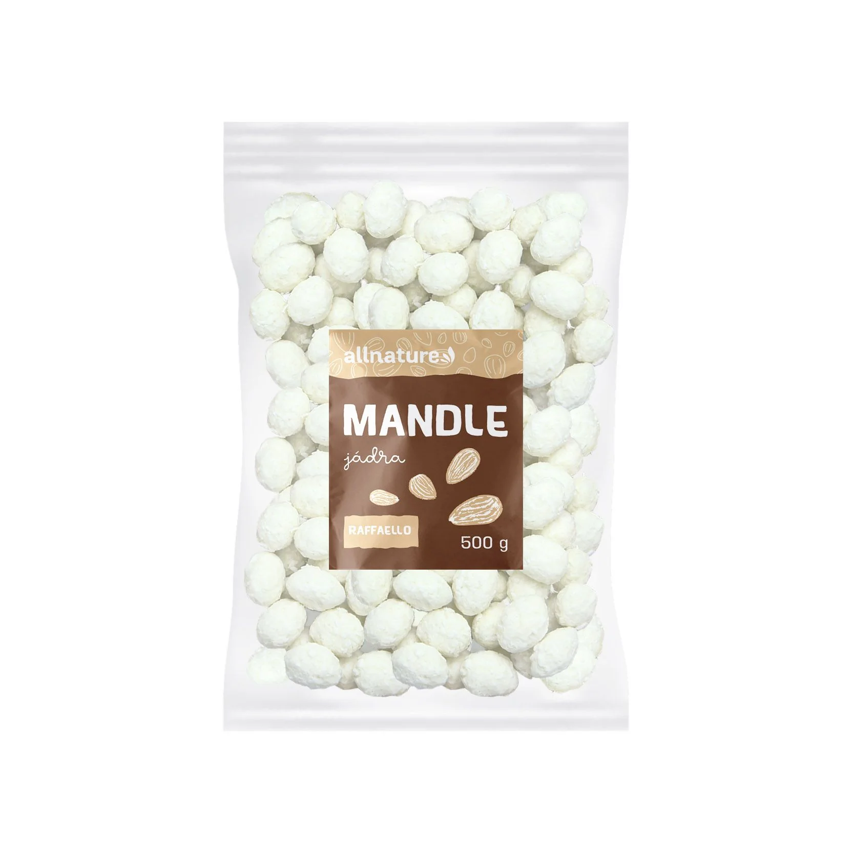 Allnature Mandle Raffaello 500g 1×500 g, mandle v bielej čokoláde s kokosom