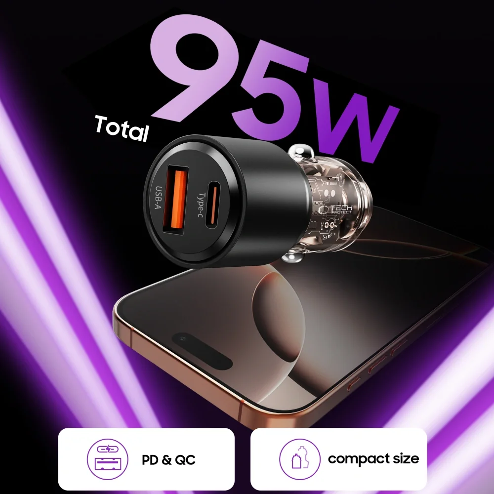 Tech-Protect CC03 autonabíjačka USB / USB-C 95W PD QC, čierna 