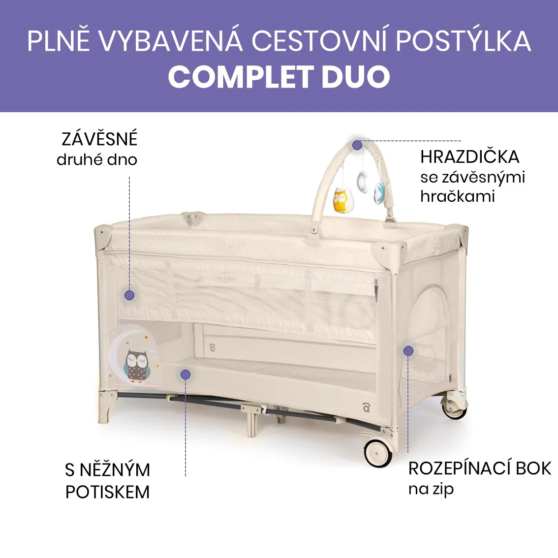 Asalvo Complet Duo cestovná postieľka, závesné lôžko a hrací oblúk, sova