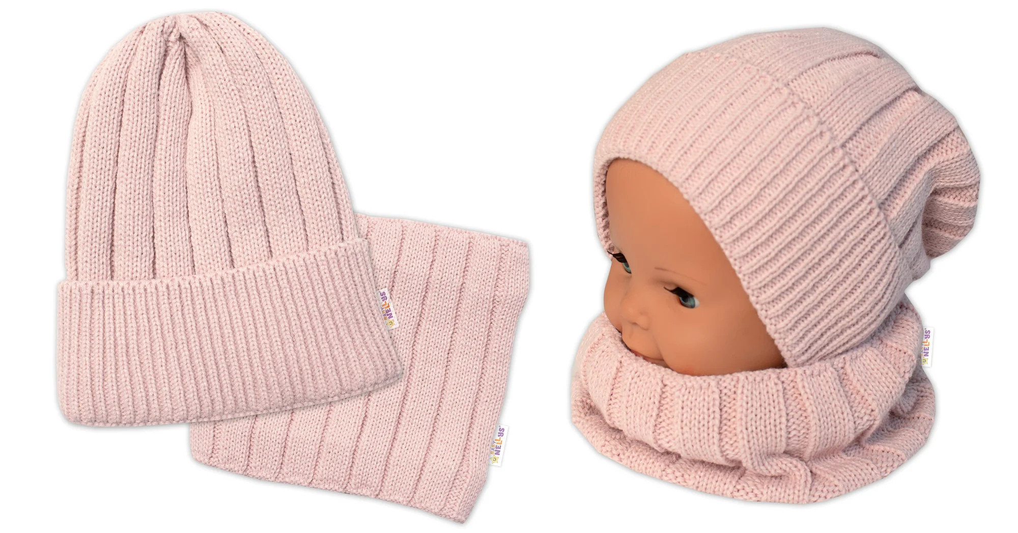 BABY NELLYS Zimná nadčasová čiapka + komín, púdrová