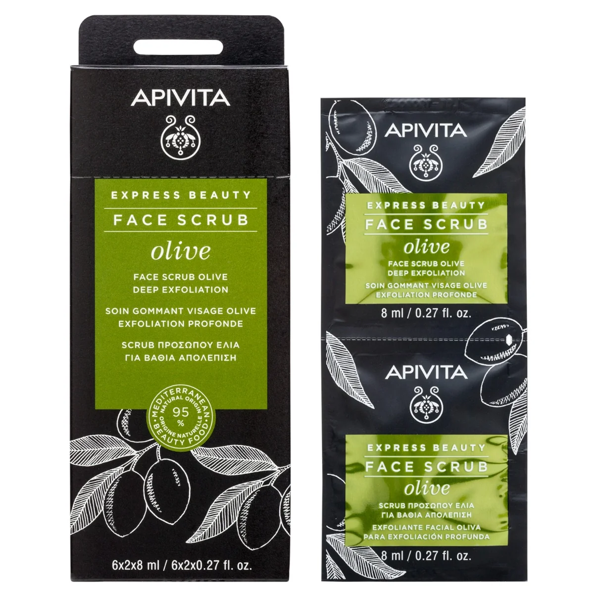 APIVITA Express Beauty Olive Face Scrub, 2x8ml 2×8 ml, čistiaci gél