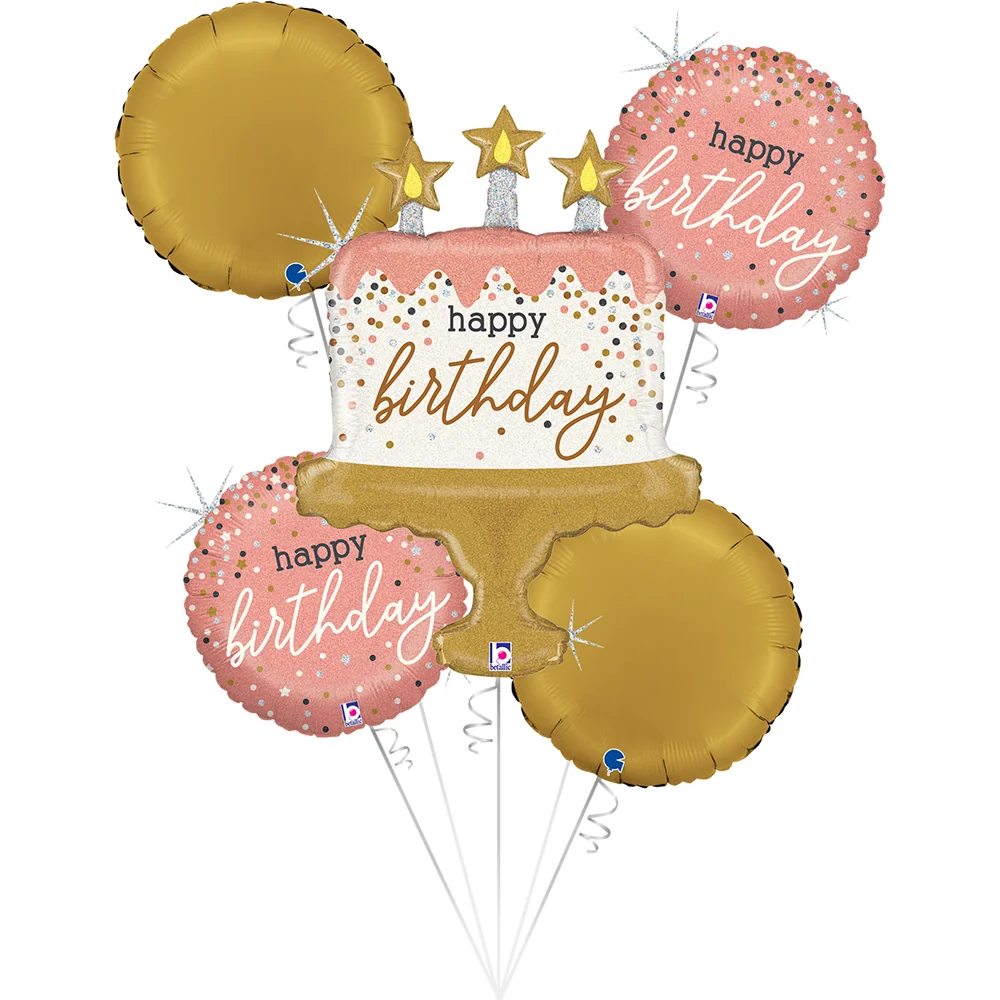 Balónová kytica Happy Birthday ružovo-zlatá torta 5ks