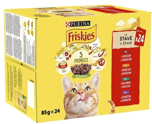 FRISKIES Multipack 4(24x85g) kura/hovädzie/jahňacie/kačica 24×85 g, kompletné krmivo pre dospelé mačky