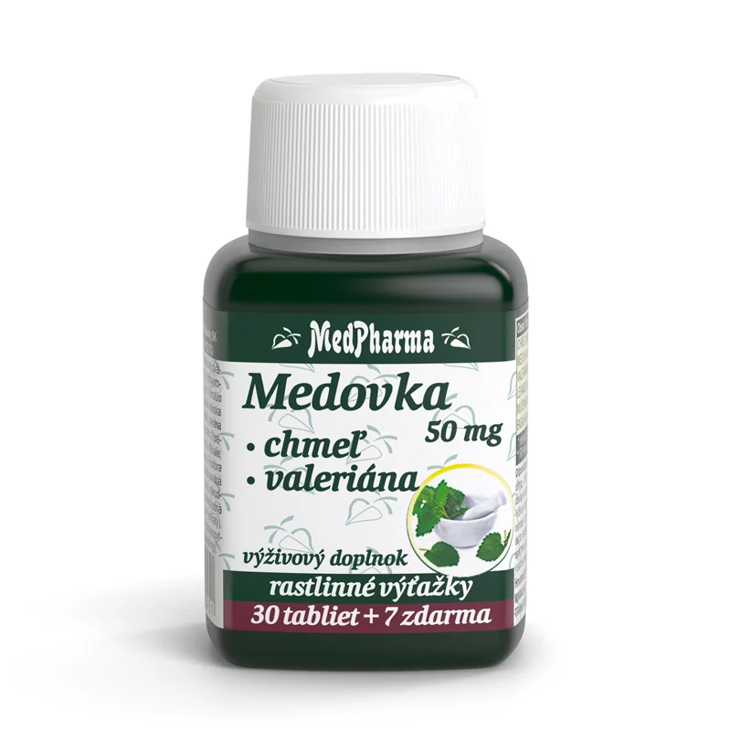 MedPharma MEDOVKA 50MG + CHMEĽ + VALERIÁNA 1×37 tbl, MEDOVKA + CHMEĽ + VALERIÁNA
