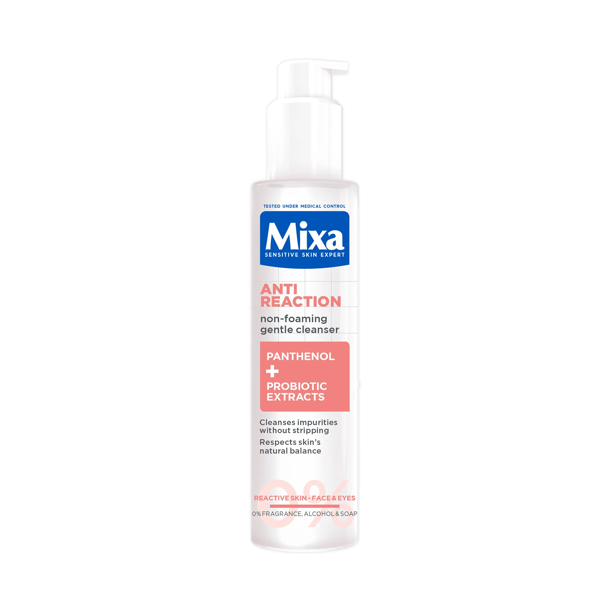 Mixa Anti-Reaction upokojujúci nepenivý čistiaci gél s pantenolom, vhodný pre citlivú pleť 150 ml