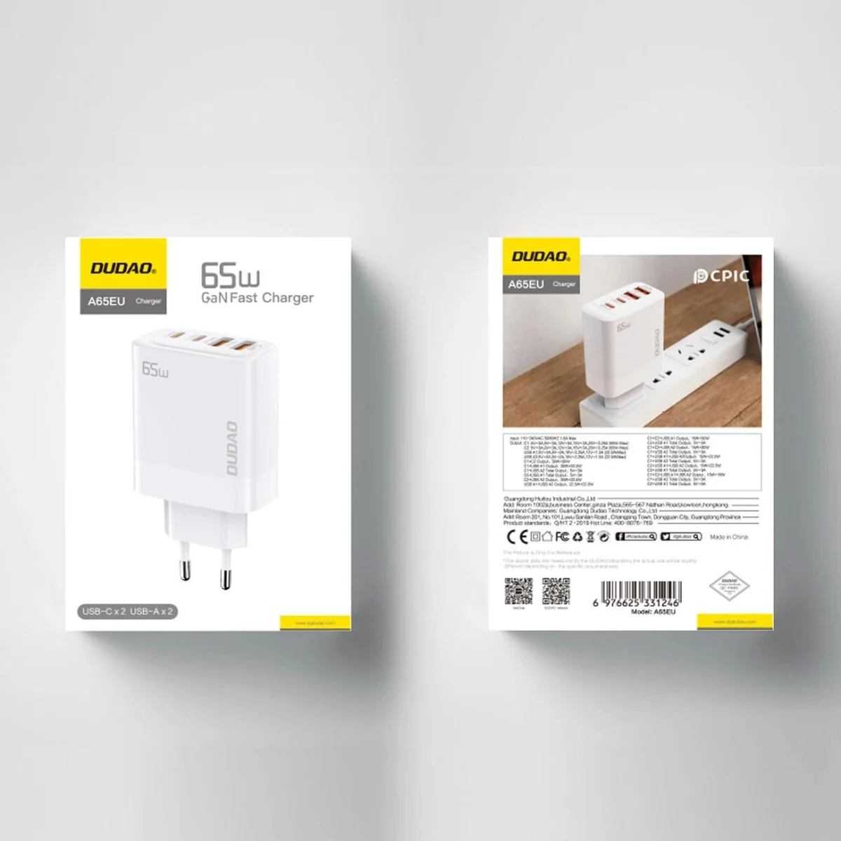 Dudao A65EU GaN sieťová nabíjačka 2x USB / 2x USB-C PD 65W, biela