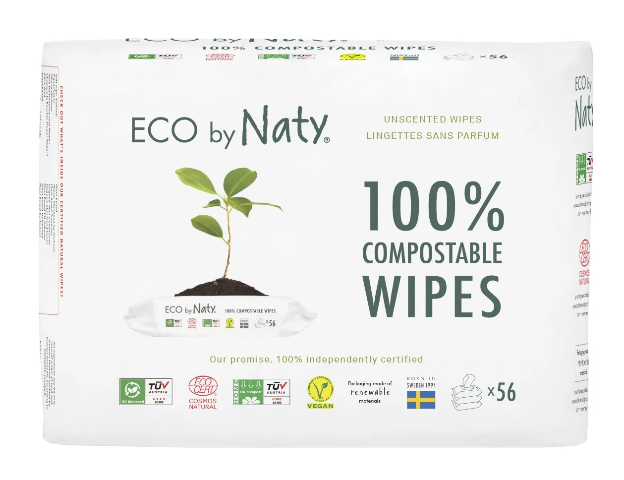 Vlhčené obrúsky ECO by Naty bez vône – pre citlivú pokožku – výhodné balenie (3 x 56 ks) 1×168 ks, vlhčené obrúsky