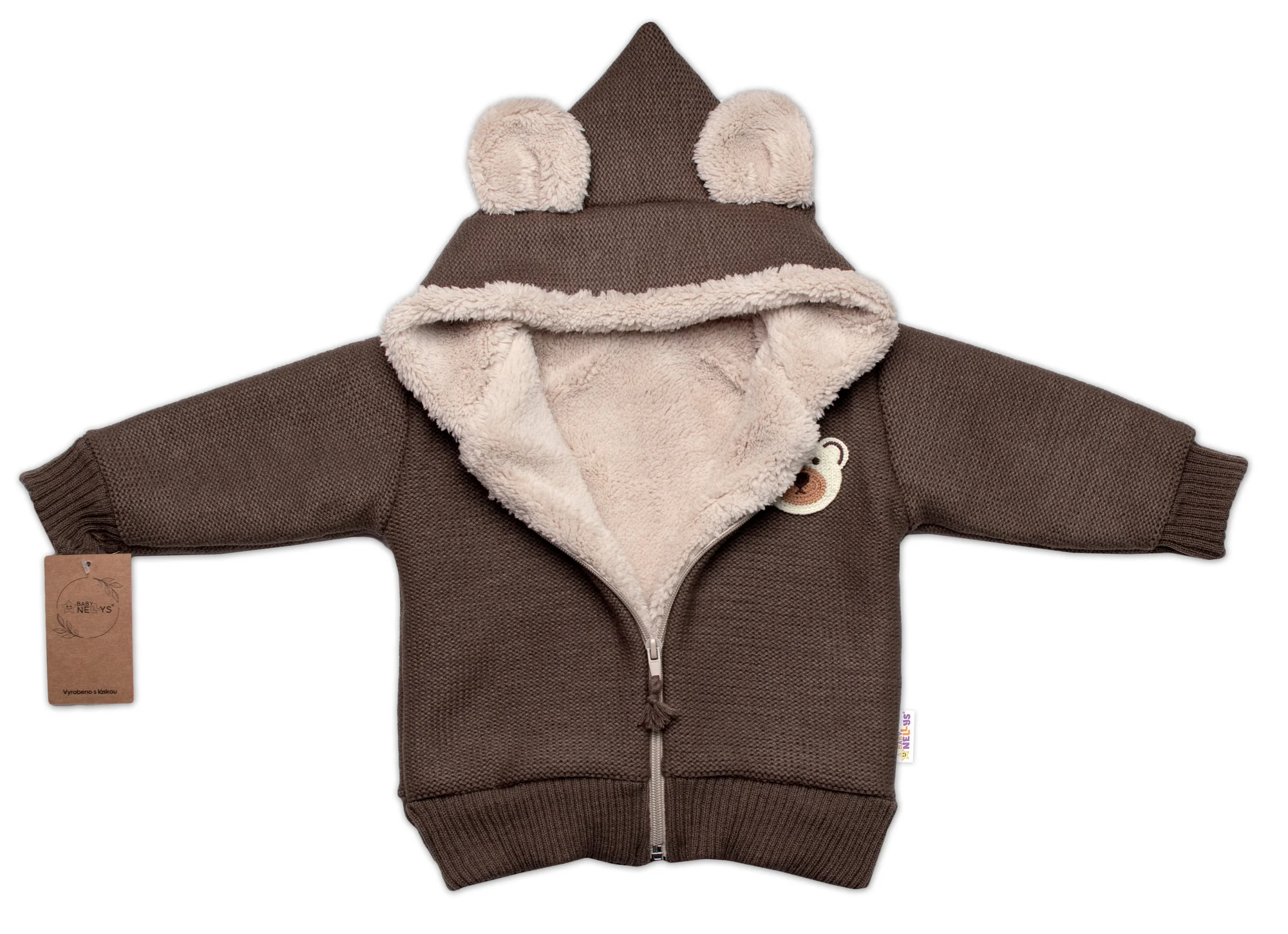 Oteplená pletená bundička Teddy Bear, Baby Nellys, dvojvrstvová, hnedá, veľ. 80/86