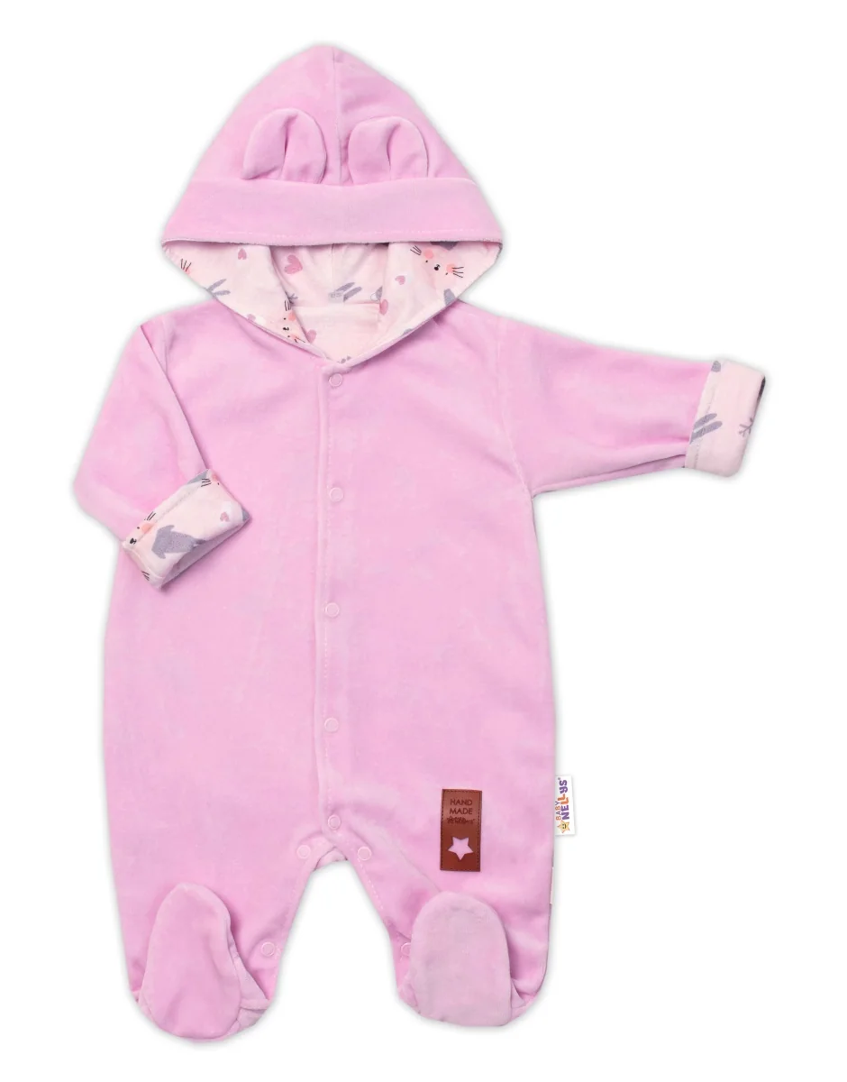 Baby Nellys Dvojvrstvový velúrový overal s kapucňou Bunny, ružový, veľ. 86 