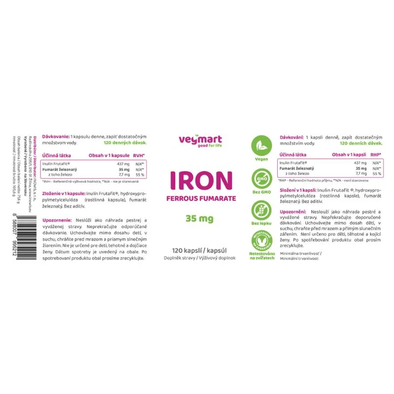 Vegmart Železo – Fumarát železnatý 35 mg, 120 kapsúl