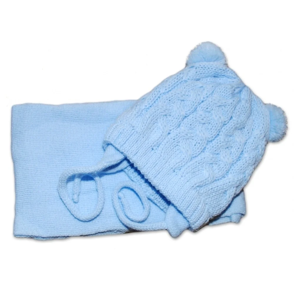 BABY NELLYS Zimná pletená čiapočka s šálom TEDDY - modrá s brmbolcami, vel. 62/68