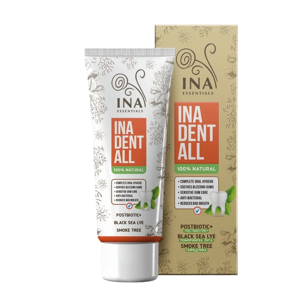 Dent-All - prírodná zubná pasta bez fluoridov so škumpou vlasatou, lúhom z čierneho mora a postbiotikami - 75 ml - INA Essentials