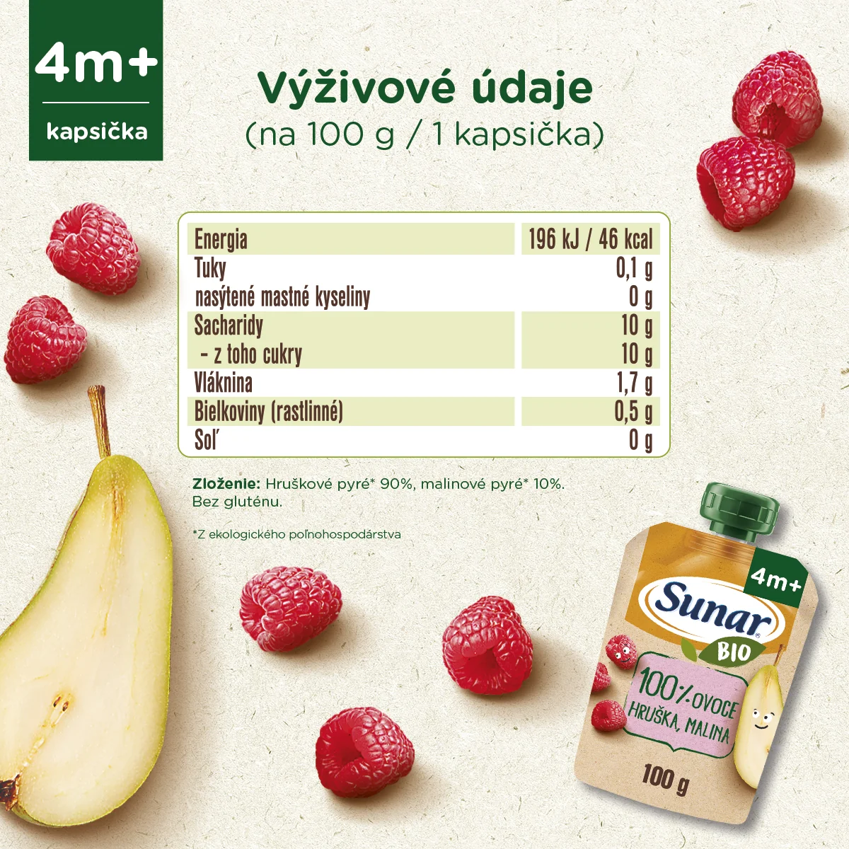 Sunar Kapsička Hruška, malina 1×100 g, ovocný príkrm (100% ovocia), 4m+