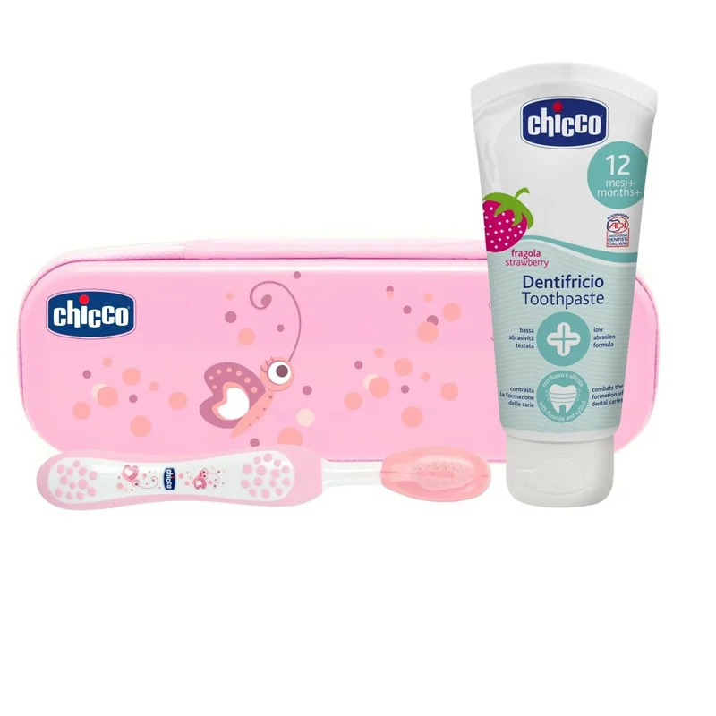 CHICCO Set zubná kefka a pasta s puzdrom Always Smiling ružová 12m+ 1×1 ks