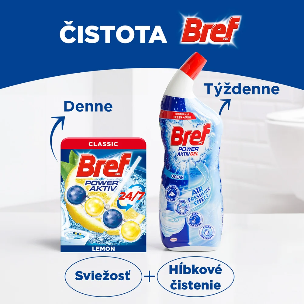 Bref Power Aktiv tuhý WC blok Lemon 4×50 g 4×50 g, WC blok