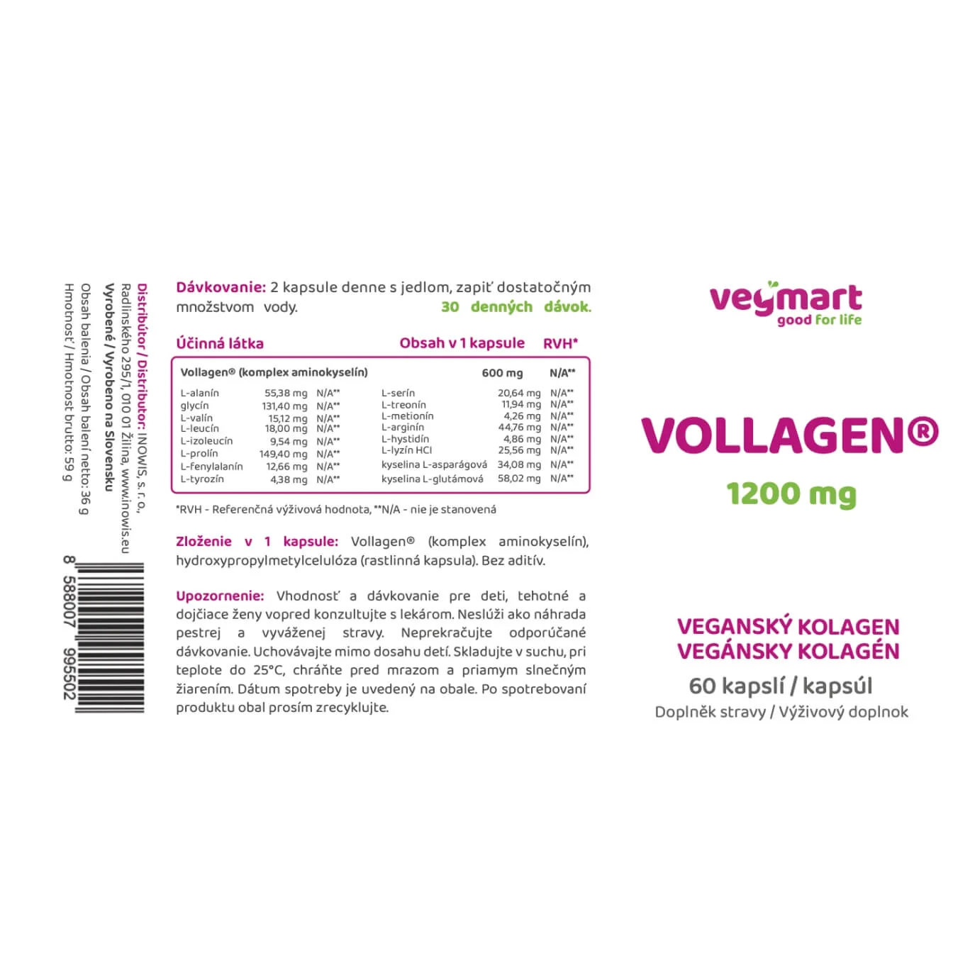 Vegmart Vollagen® 1200 mg (vegánsky kolagén), 60 kapsúl