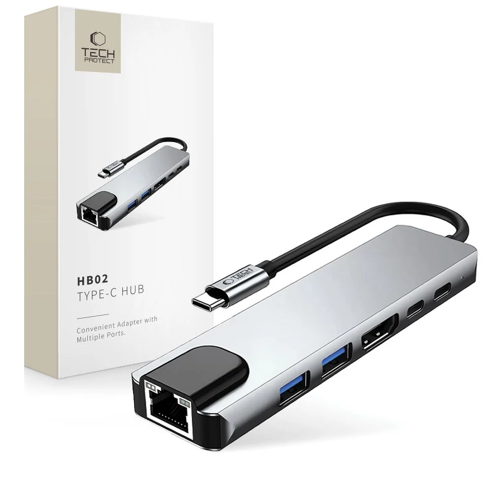 Tech-Protect HB02 HUB adaptér USB-C - 2x USB / HDMI 4K / RJ45 / USB-C 100W, šedý 100W, šedý