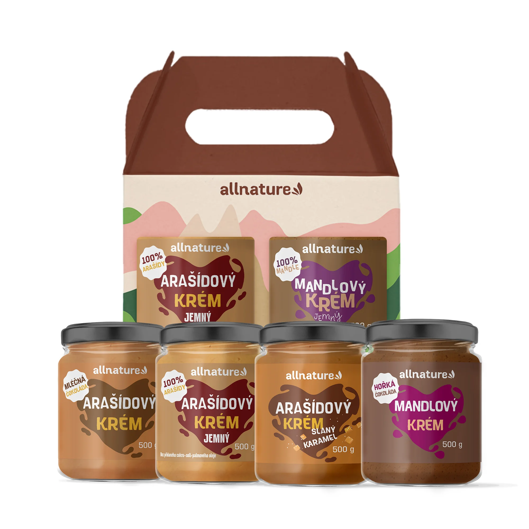 Allnature darčeková sada orieškových krémov 4×500 g, darčeková sada orieškových krémov