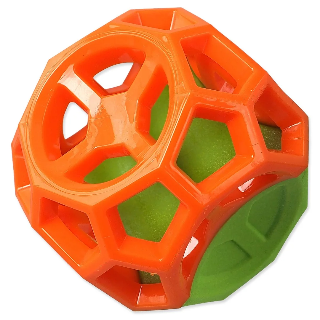 Hračka Dog Fantasy lopta s goemetrickými obrazcami pískacia oranžovo-zelená 8,5cm