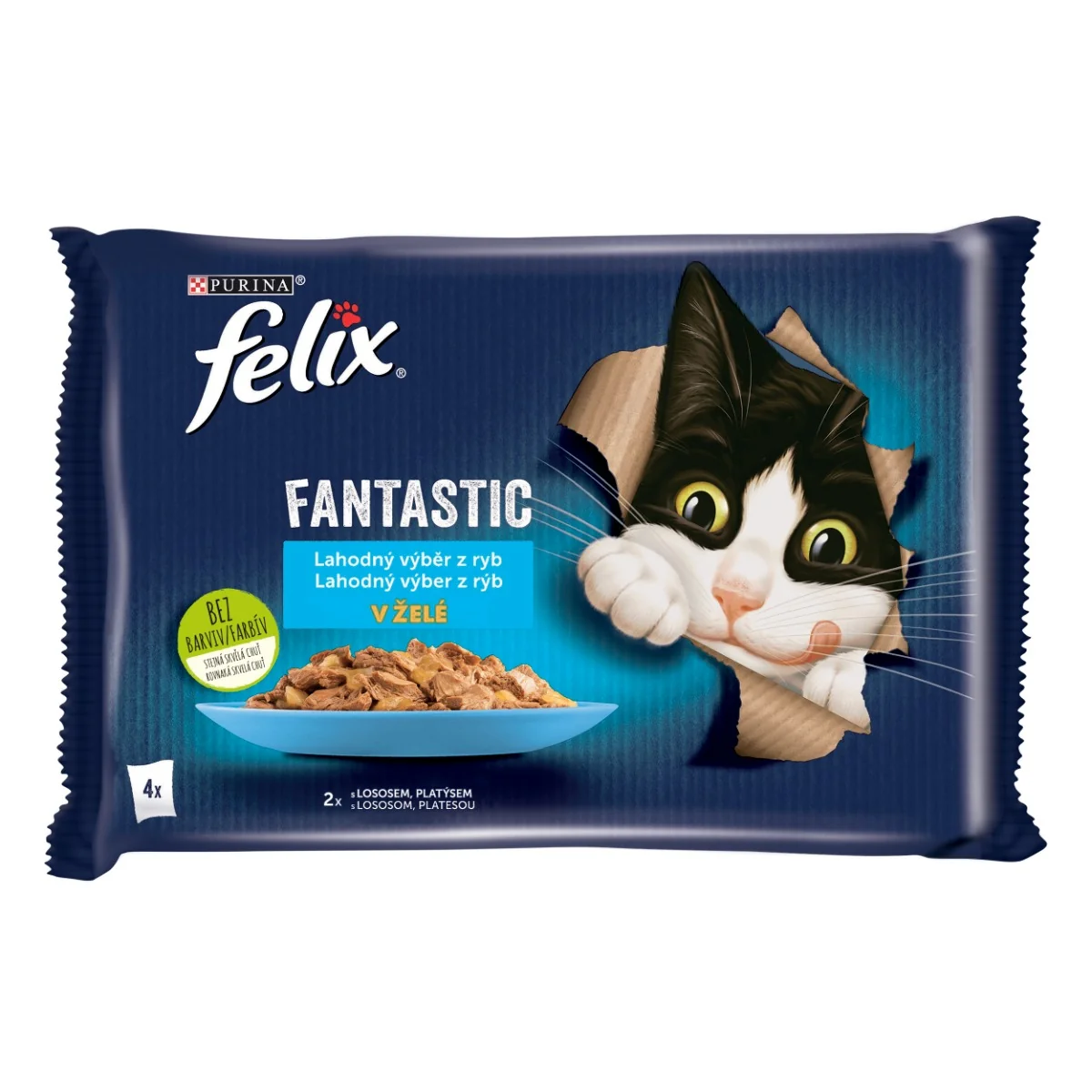 Felix Fantastic kapsičky pre mačky losos, platesa v želé 4×85 g 4×85 g, kapsičky pre mačky