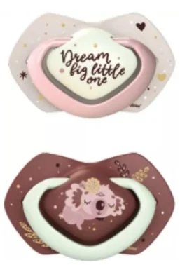 Cumlíky utišujúce SLEEPY KOALA silikón, symetrické, svietiace B 6-18m ružové 1×2 ks, cumlíky utišujúce