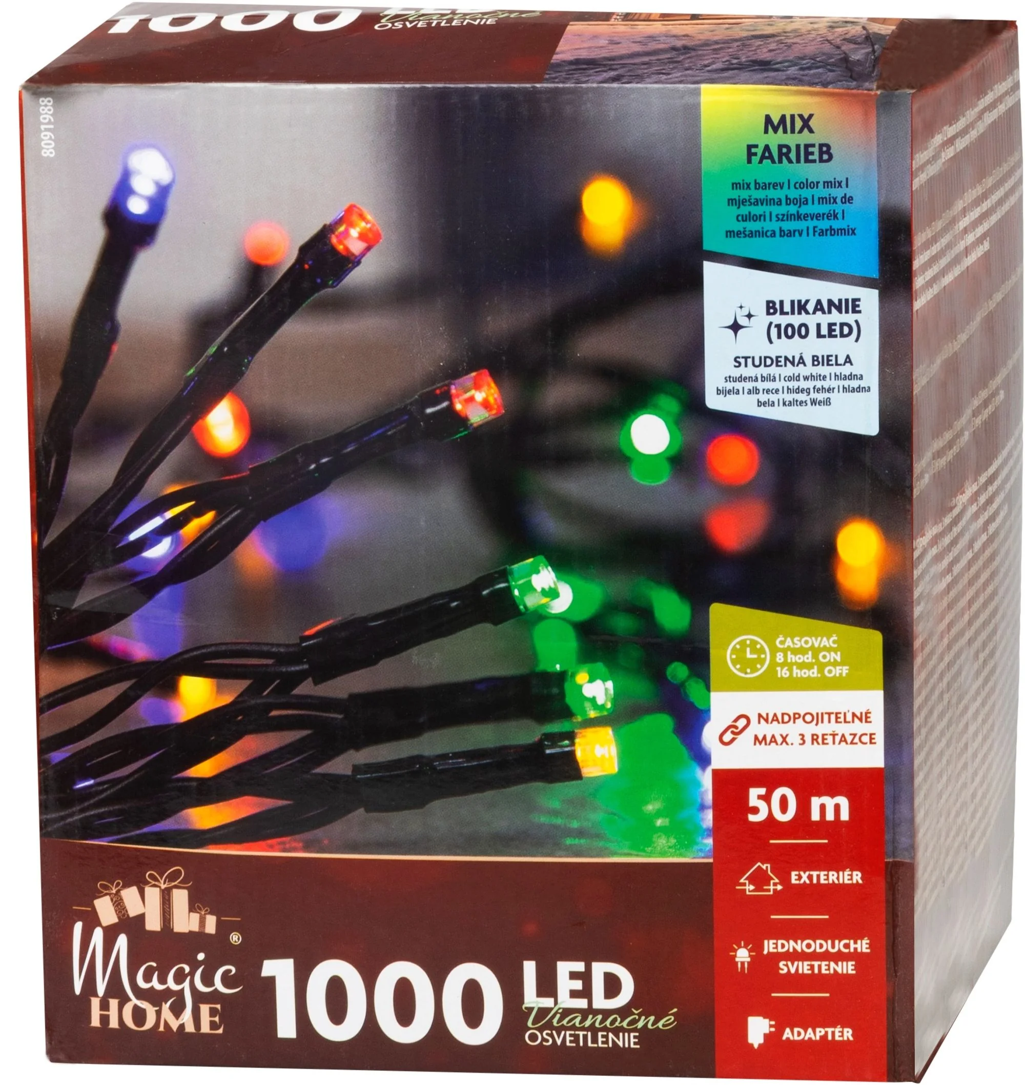 MagicHome vianočná LED reťaz, 1 ks Časovač, 1000 LED, mix farieb, 10 funkcií, 50 m, IP44