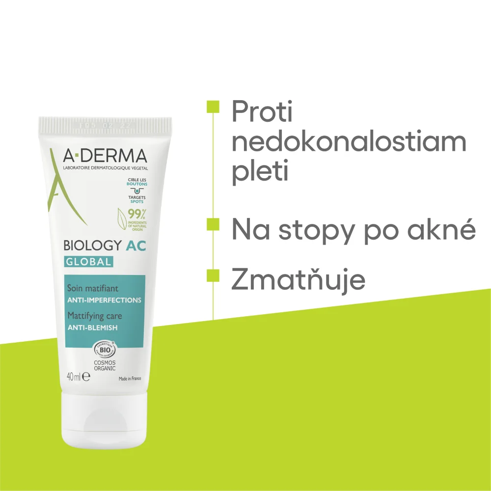 A-DERMA BIOLOGY AC GLOBAL Zmatňujúca starostlivosť proti nedokonalostiam pleti 1× 40 ml, pleťoví krém na aknóznu pleť