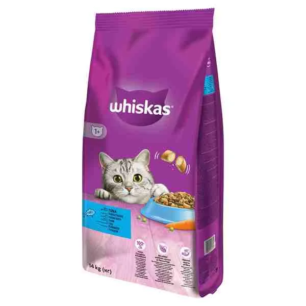 WHISKAS granule s tuniakom 14kg A.U.V. "Poškodený obal" 1×14 kg, granule pre mačky, produkt s poškodeným obalom chýba 10 % obsahu