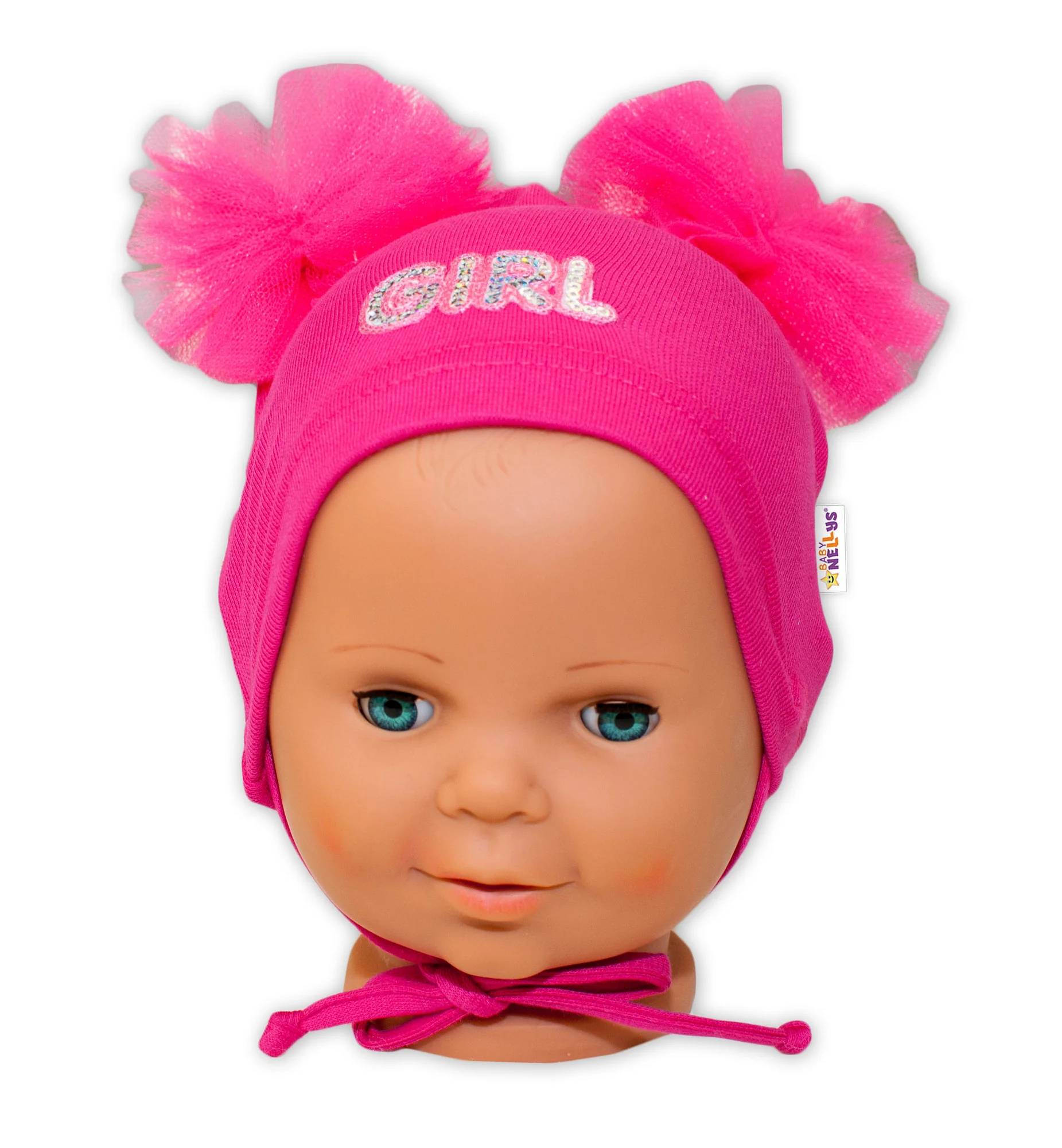 Bavlnená čiapočka na zaväzovanie Baby Nellys s mašličkami Tutu - tm. ružová, 80/86