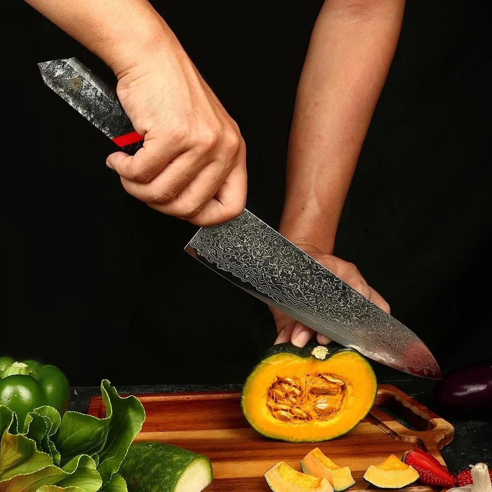 Damaškový kuchynský nôž Zankuro - Čierna / Červená 33cm, 150g