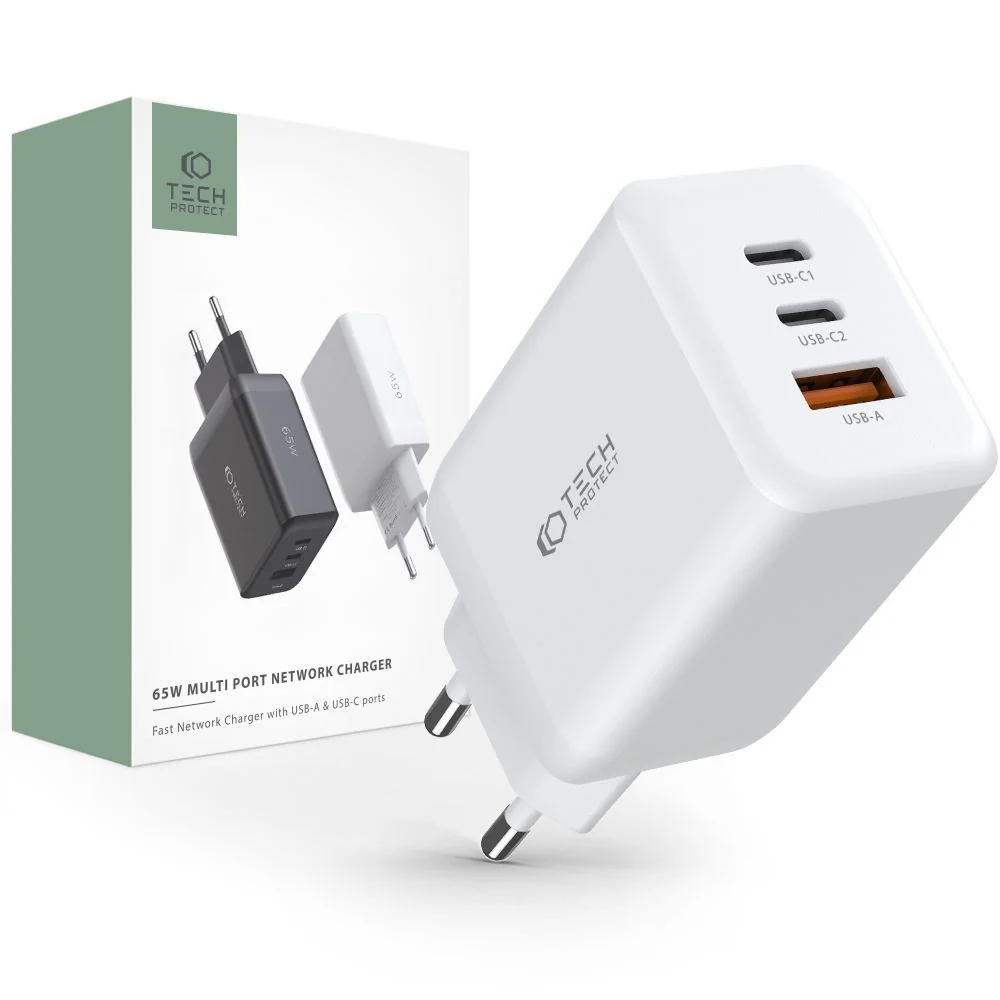 Tech-Protect Multi Port sieťová nabíjačka USB / 2x USB-C QC 65W, biela